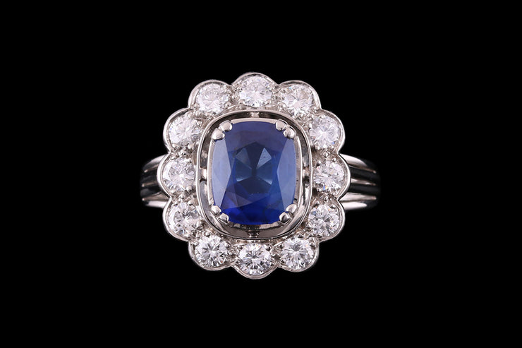 Platinum Diamond and Sapphire Cluster Ring