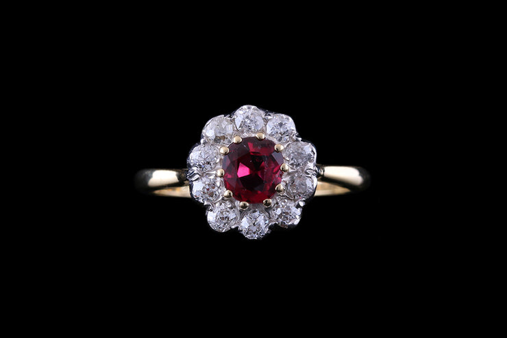 18ct Yellow Gold and Silver Diamond and Ruby Round Cluster Ring