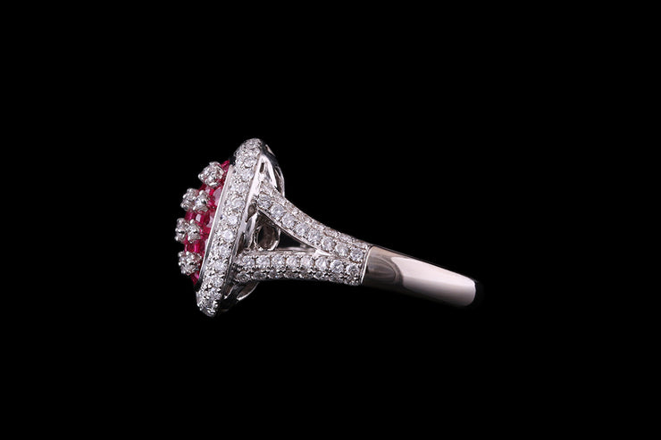 18ct White Gold Diamond and Ruby Square Pave Dress Ring