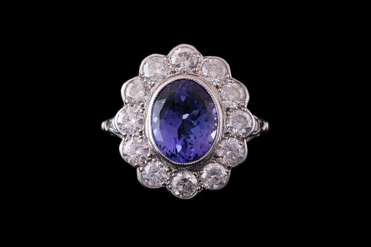 18ct White Gold Diamond and Tanzanite Oval Cluster Ring
