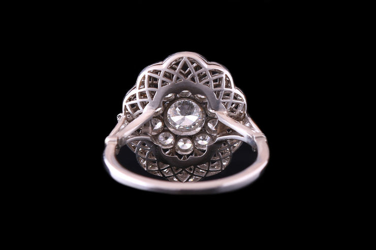 Edwardian Platinum Diamond Cluster Ring with Fretwork Surround
