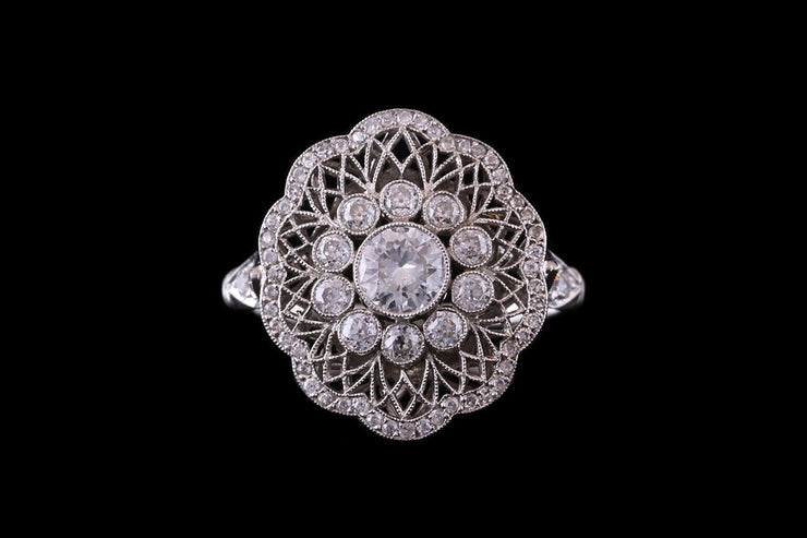 Edwardian Platinum Diamond Cluster Ring with Fretwork Surround
