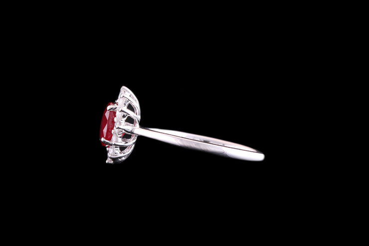 18ct White Gold Diamond and Ruby Oval Cluster Ring