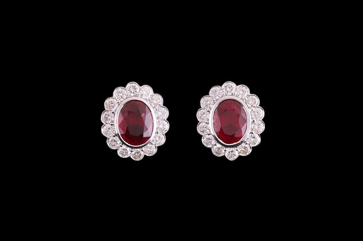 18ct White Gold Diamond and Ruby Oval Cluster Stud Earrings