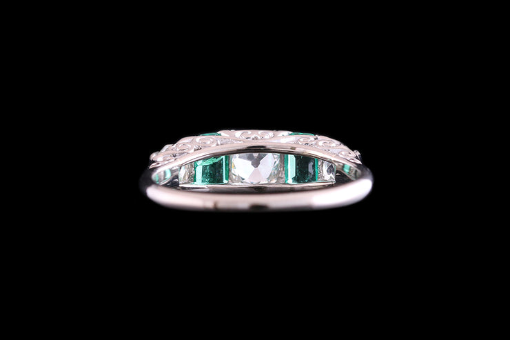 Art Deco Palladium Diamond and Emerald Five Stone Ring