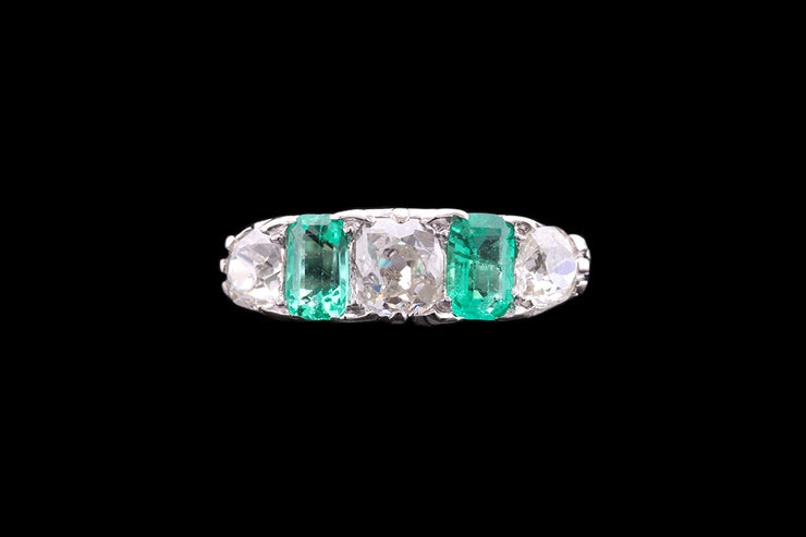 Art Deco Palladium Diamond and Emerald Five Stone Ring