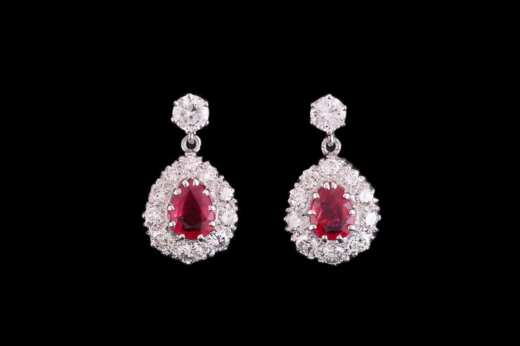 18ct White Gold Diamond and Ruby Cluster Drop Earrings
