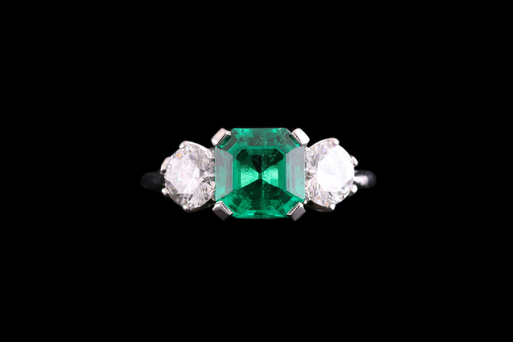 Platinum Diamond and Colombian Emerald Three Stone Ring