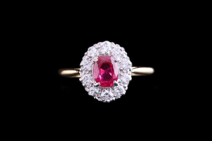 18ct Yellow Gold and Platinum Diamond and Burma Ruby Cluster Ring