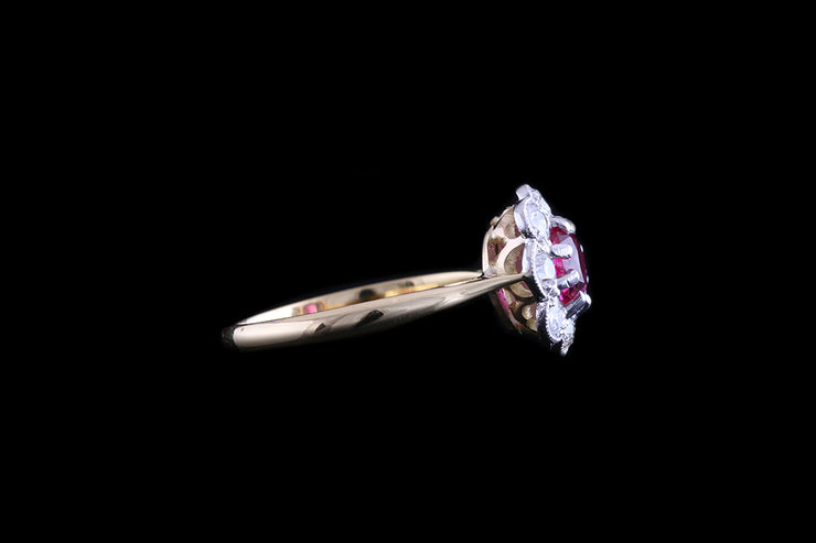 Edwardian 18ct Yellow Gold and Platinum Diamond and Burma Ruby Cluster Ring