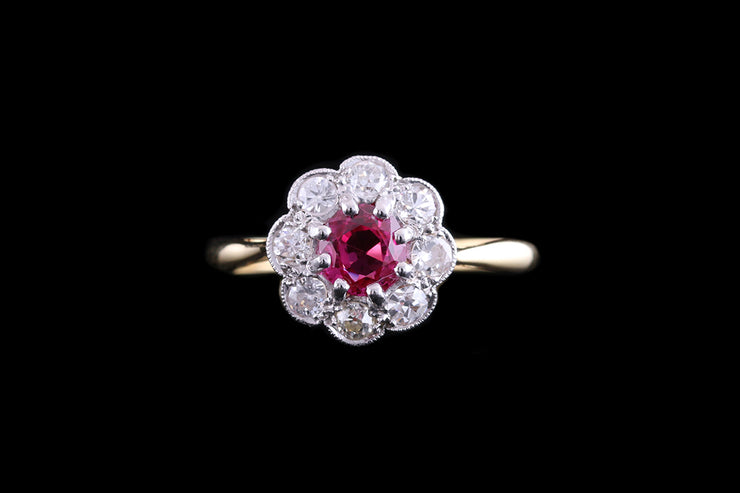 Edwardian 18ct Yellow Gold and Platinum Diamond and Burma Ruby Cluster Ring