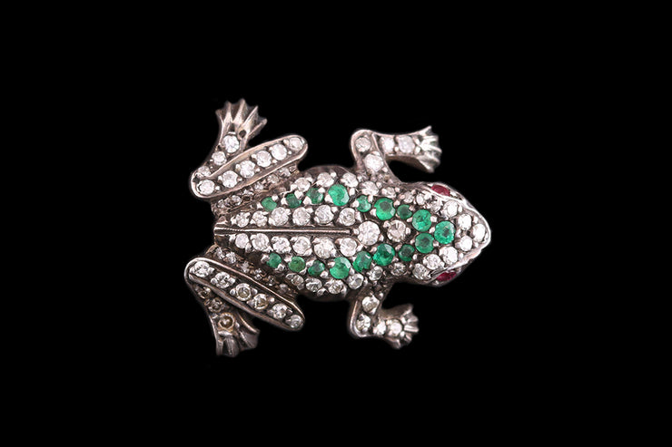 Victorian 18ct Yellow Gold and Silver Diamond and Emerald Frog Brooch