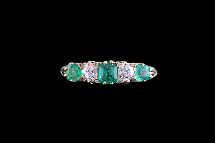 18ct Yellow Gold Diamond and Emerald Five Stone Ring