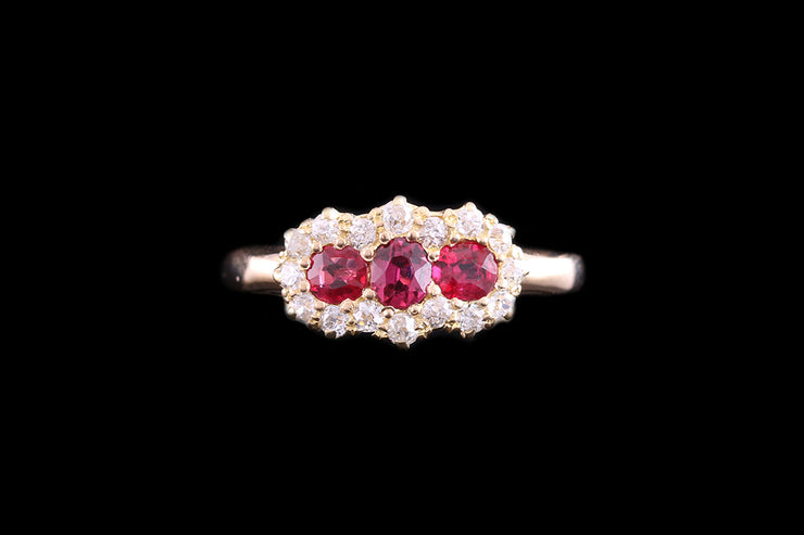 Edwardian 18ct Yellow Gold Diamond and Ruby Triple Cluster Ring