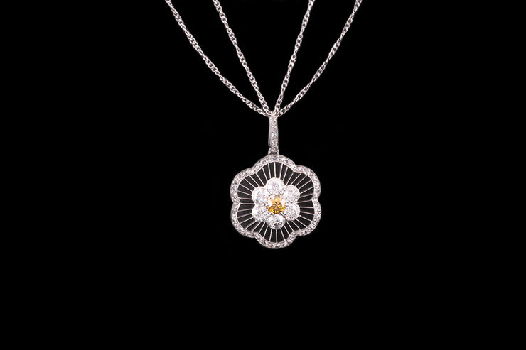 Edwardian Platinum and 18ct White Gold Diamond and Yellow Diamond Decorative Flower Pendant