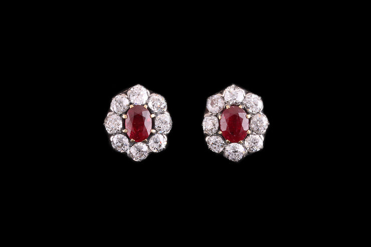 Victorian 18ct Yellow Gold and Silver Diamond and Ruby Cluster Stud Earrings
