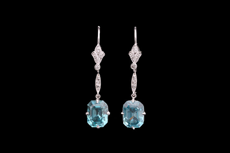 18ct White Gold Diamond and Blue Zircon Drop Earrings