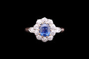 Victorian 18ct Yellow Gold and Silver Diamond and Sapphire Cluster Ring with Diamond Shoulders