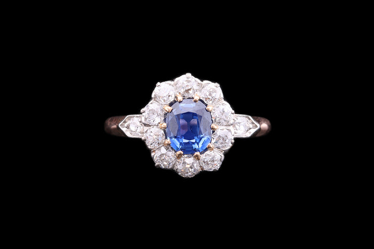 Victorian 18ct Yellow Gold and Silver Diamond and Sapphire Cluster Ring with Diamond Shoulders