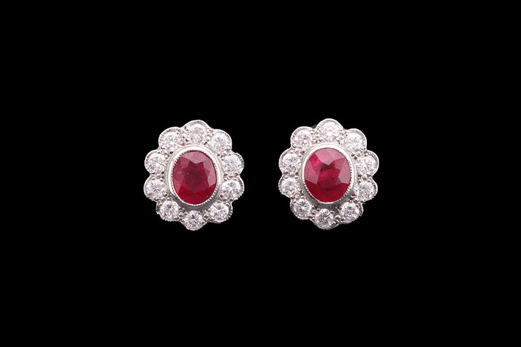 18ct White Gold Diamond and Ruby Oval Cluster Stud Earrings