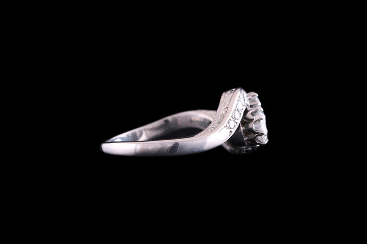 18ct White Gold Diamond Two Stone Twist Ring with Diamond Shoulders