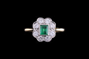 18ct Yellow Gold and Platinum Diamond and Emerald Cluster Ring