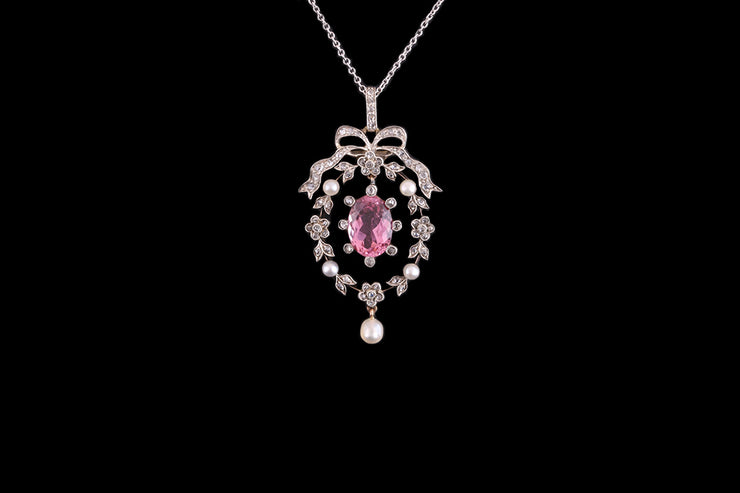 Victorian Belle Époque Platinum, 18ct Yellow Gold and Silver Diamond, Pearl and Pink Topaz Pendant