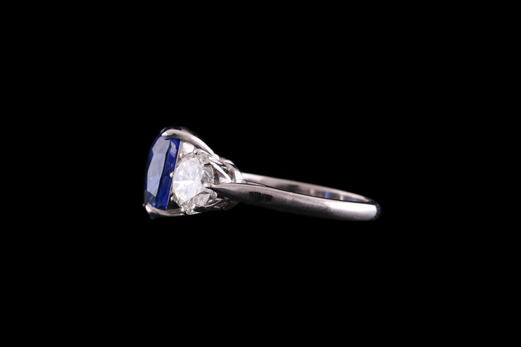 Platinum Diamond and Sri Lankan Sapphire Three Stone Ring