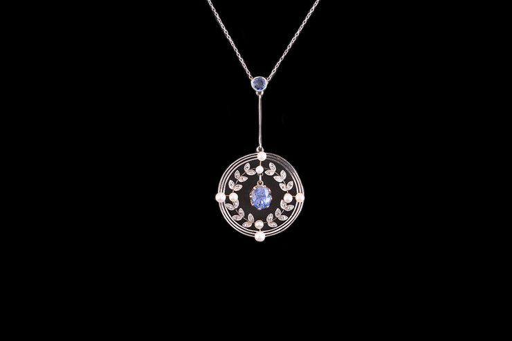 Edwardian 18ct Yellow Gold and Platinum Diamond, Sapphire and Seed Pearl Drop Pendant