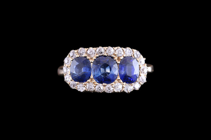 Edwardian 18ct Yellow Gold Diamond and Sapphire Triple Cluster Ring