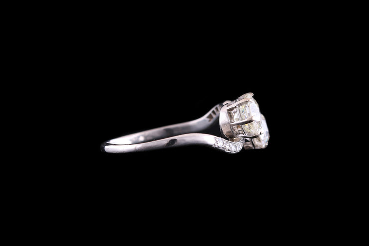 Edwardian Platinum Diamond Two Stone Twist Ring with Diamond Shoulders