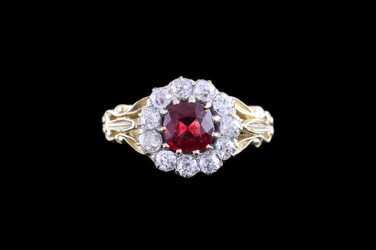 18ct Yellow Gold Diamond and Ruby Cluster Ring with Decorative Shoulders