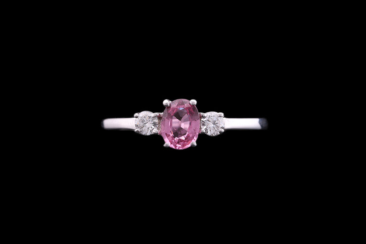 18ct White Gold Diamond and Pink Sapphire Three Stone Ring
