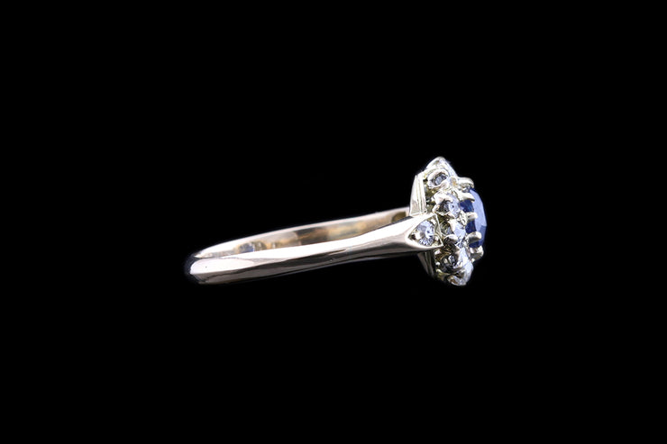 Victorian 18ct Yellow Gold Diamond and Sapphire Cluster Ring with Diamond Shoulders