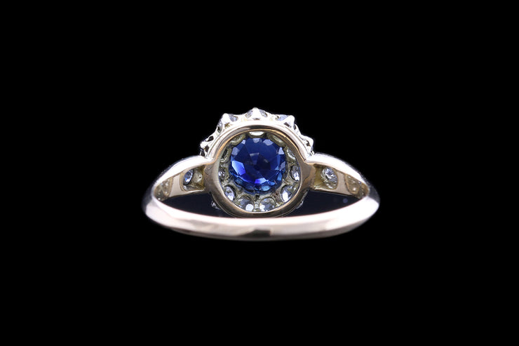 Victorian 18ct Yellow Gold Diamond and Sapphire Cluster Ring with Diamond Shoulders