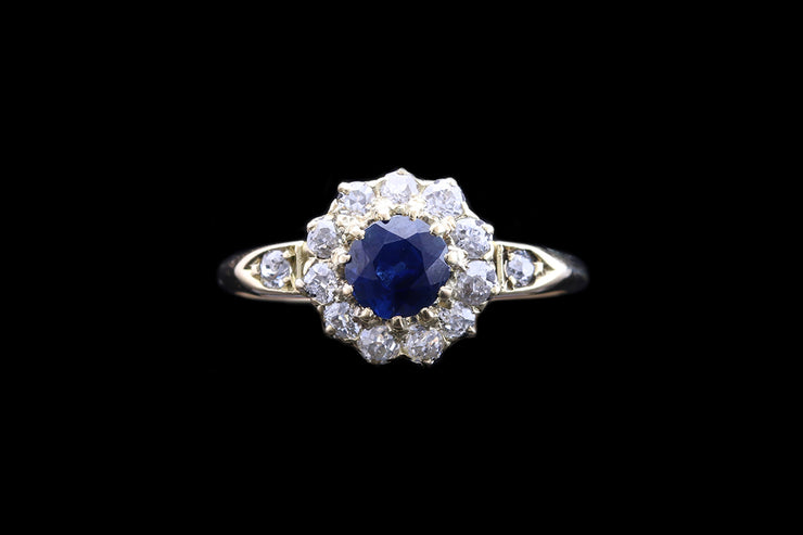 Victorian 18ct Yellow Gold Diamond and Sapphire Cluster Ring with Diamond Shoulders