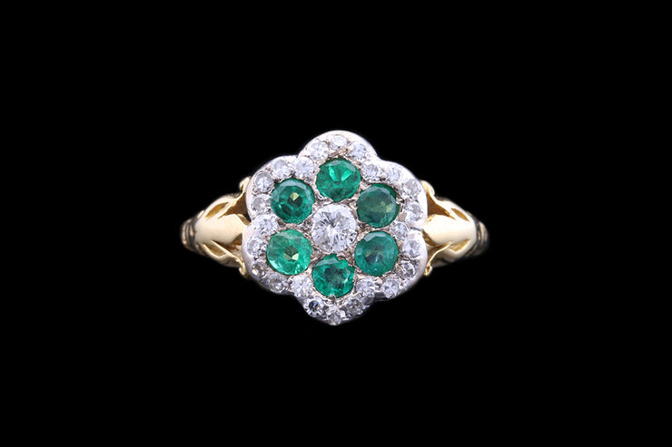 18ct Yellow Gold and Silver Diamond and Emerald Cluster Ring