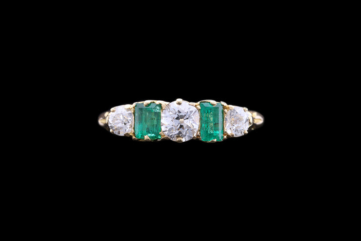 Edwardian 18ct Yellow Gold Diamond and Emerald Five Stone Ring
