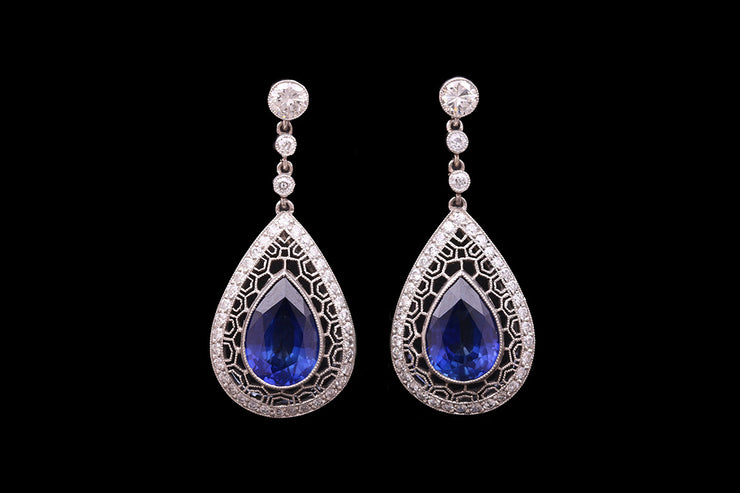 Platinum Diamond and Sapphire Decorative Drop Earrings