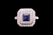 Art Deco 18ct Yellow Gold and Platinum Diamond and Sapphire Square Dress Ring