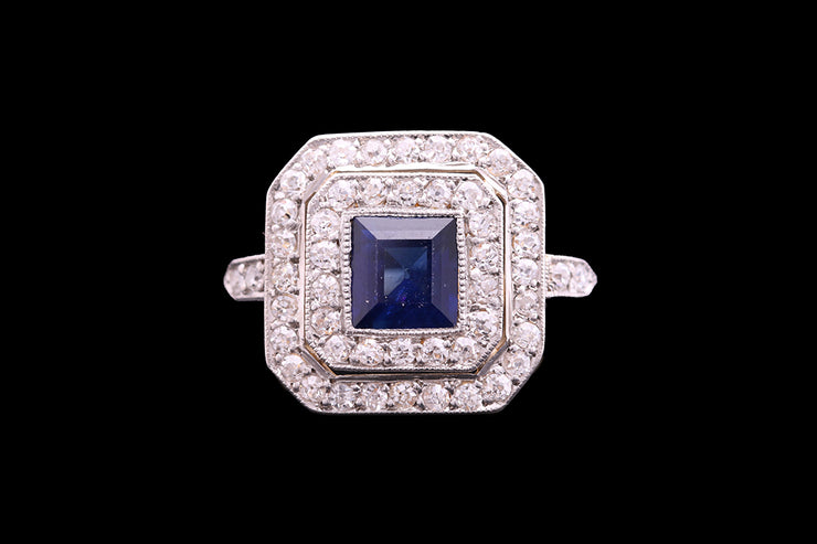 Art Deco 18ct Yellow Gold and Platinum Diamond and Sapphire Square Dress Ring