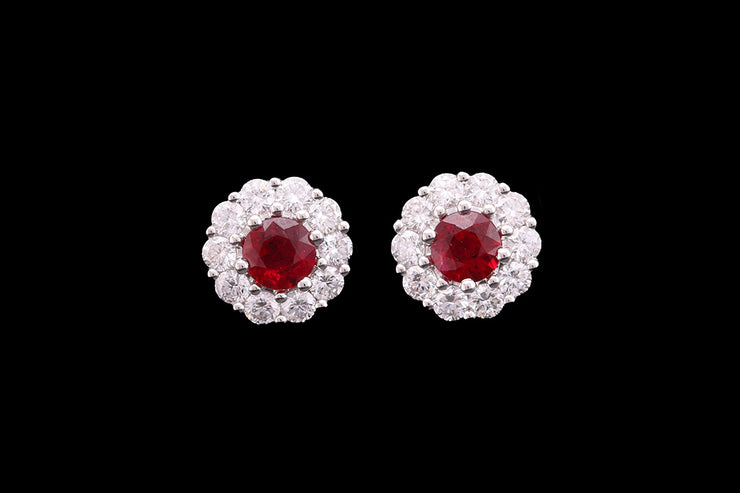 18ct White Gold Diamond and Ruby Cluster Stud Earrings