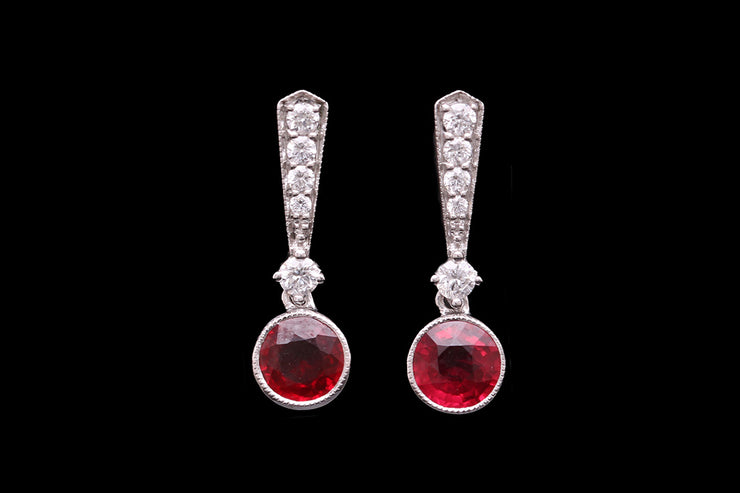 18ct White Gold Diamond and Ruby Drop Earrings