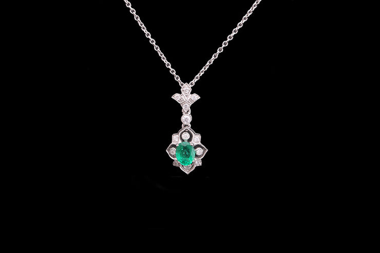 18ct White Gold Diamond and Emerald Decorative Drop Pendant
