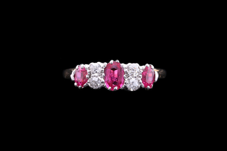 Art Deco 18ct Yellow Gold and Platinum Diamond and Ruby Seven Stone Ring