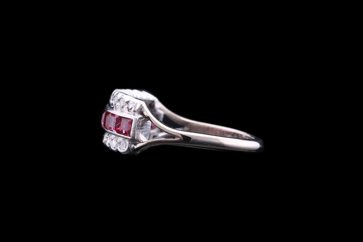 Art Deco 18ct White Gold and Platinum Diamond and Ruby Triple Row Dress Ring