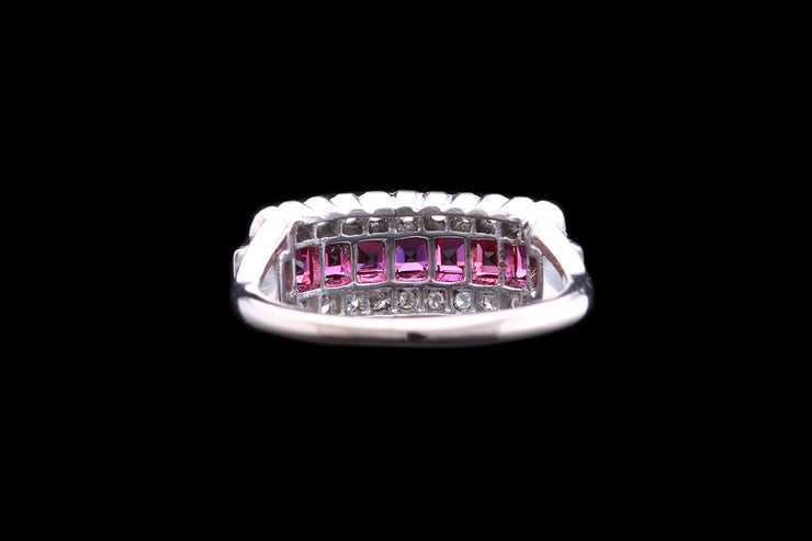 Art Deco 18ct White Gold and Platinum Diamond and Ruby Triple Row Dress Ring