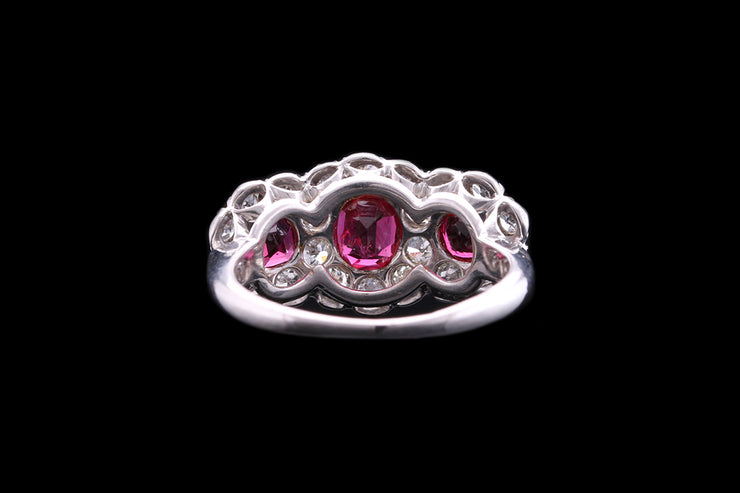 Art Deco 18ct White Gold Diamond and Ruby Triple Cluster Ring