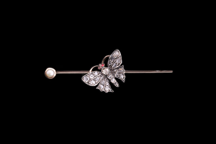 Victorian 18ct Yellow Gold and Silver Diamond and Pearl Butterfly Brooch