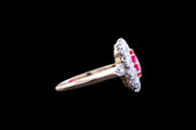 18ct Yellow Gold and Platinum Diamond and Burma Ruby Cluster Ring with Diamond Shoulders